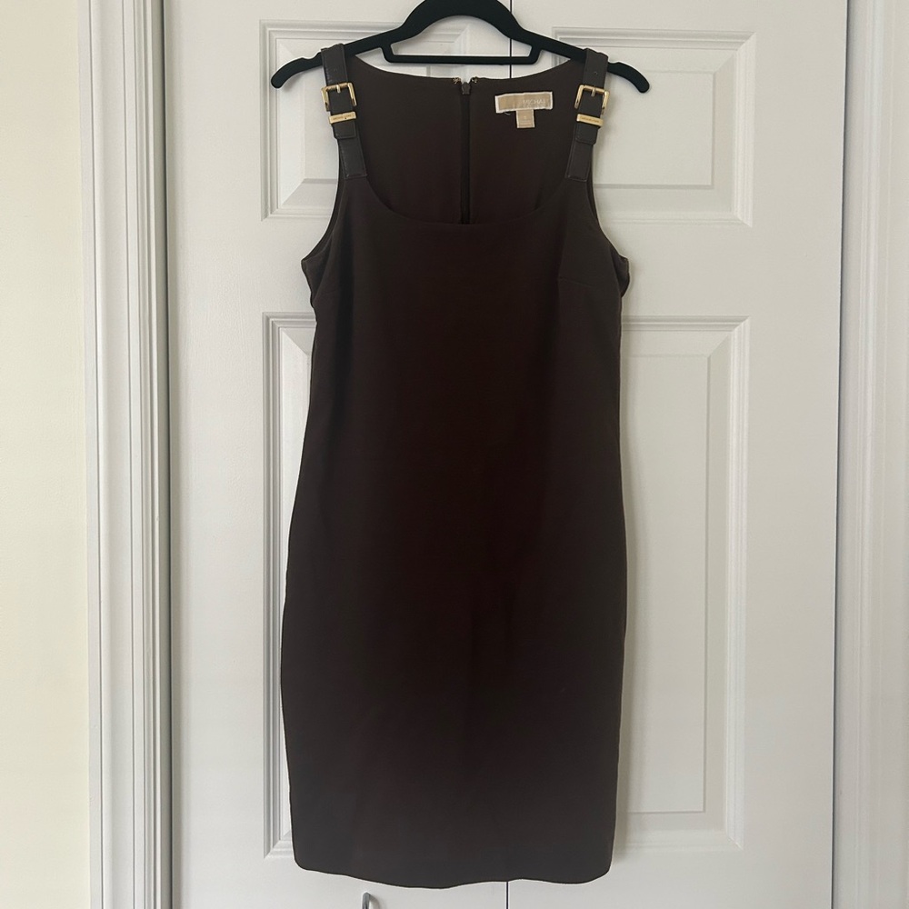 Michael Kors Dress Womens Brown Steampunk Ponte Knit Buckle Straps Midi